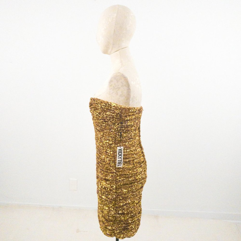 Vintage 90s SM Ruched Sequin Mini Party Dress Gold - Picture 8 of 16